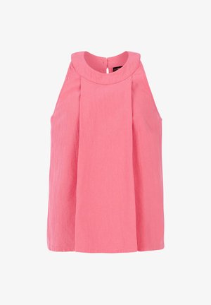 Ružičasti top bez rukava s okruglim izrezom, s nabranim detaljima sprijeda i kopčanjem na dugme straga. Izrađen od lagane tkanine.