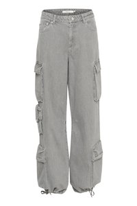 Sive cargo hlače s opuštenim krojem, više bočnih džepova, manžetama s vezicom i mekom denim teksturom. Imaju dugme i zatvarač.