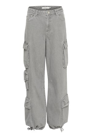 Sive cargo hlače s opuštenim krojem, više bočnih džepova, manžetama s vezicom i mekom denim teksturom. Imaju dugme i zatvarač.
