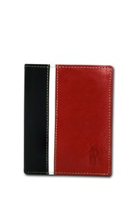 Portefeuille en cuir avec un design séparé, un côté noir et un côté rouge, rehaussé de coutures blanches et d'un logo embossé discret.