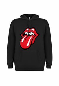 Svart hoodie med en stor röd och vit Rolling Stones-logotyp som har en öppen mun och en utstickande tunga på framsidan.