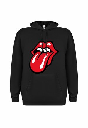 Schwarzer Kapuzenpullover mit einem großen roten und weißen Rolling Stones Logo, das ein offenes Maul und eine herausgestreckte Zunge auf der Vorderseite zeigt.