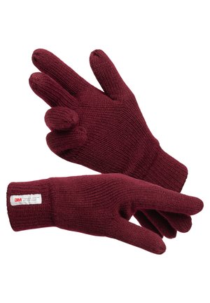 Bordeaux strikkede handsker med ribbede manchetter, forsynet med et mærke med "3M THINSULATE." Strukturstoffet forbedrer termisk isolation.