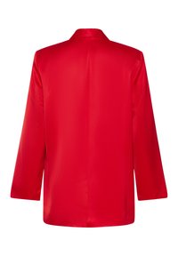 Roter Satin-Blazer mit glatter Textur, langen Ärmeln und Schalkragen, der ein klassisches gerades Design auf der Rückseite aufweist.