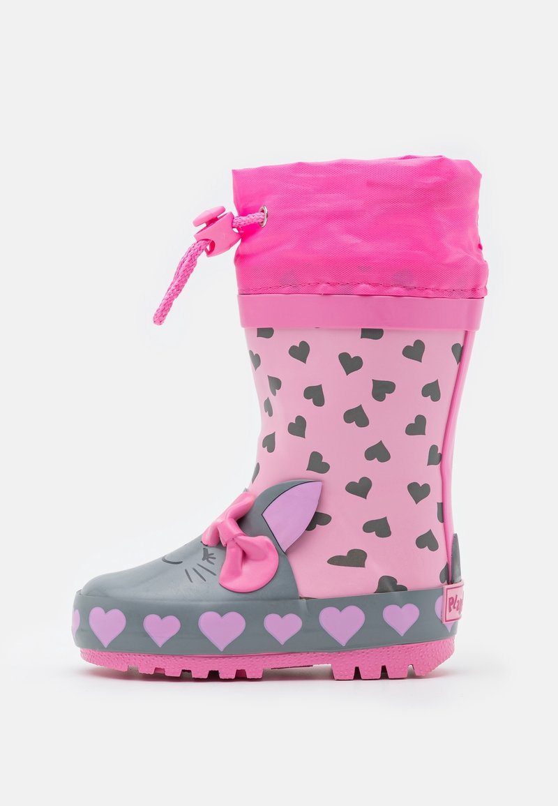 Botte de pluie pour enfants rose et grise avec motifs de cœurs, visage de chat avec oreilles, nœud rose et bord supérieur ajustable rose avec cordon de serrage.