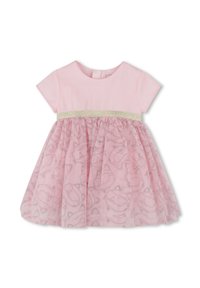 Robe rose avec un haut uni et une jupe en tulle translucide et à motifs. Accentué d'une ceinture dorée. Manches courtes et col rond.