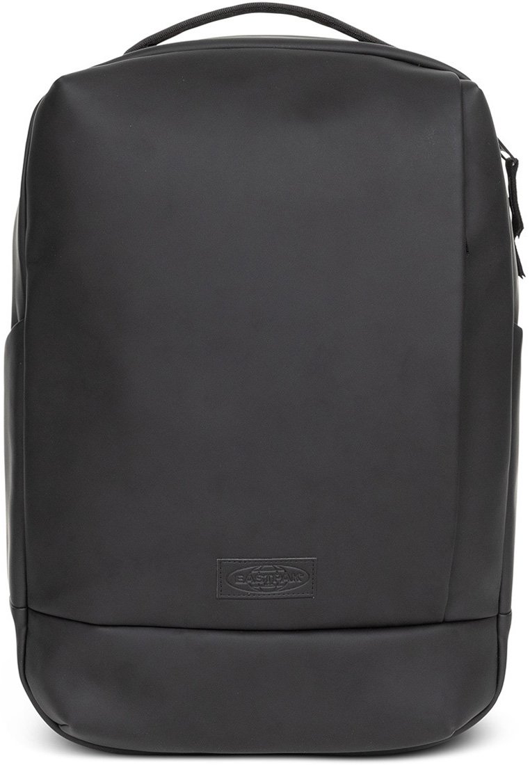 Black backpack made from smooth, durable material; features a rectangular shape, minimalistic design, and a subtle embossed logo on the front.