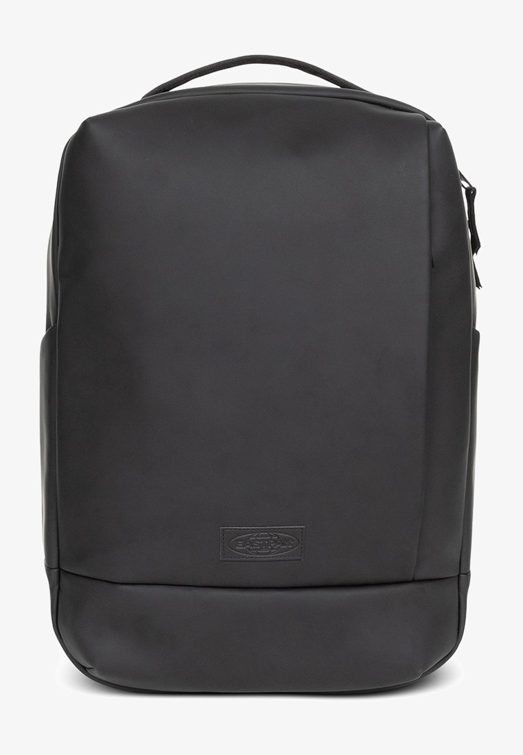 Black backpack made from smooth, durable material; features a rectangular shape, minimalistic design, and a subtle embossed logo on the front.