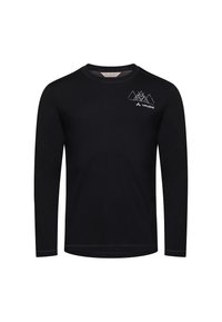 Zwarte longsleeve shirt van katoen. Bevat een ronde hals en een subtiele witte bergafbeelding op de borst. Glad textuur en aansluitend ontwerp.