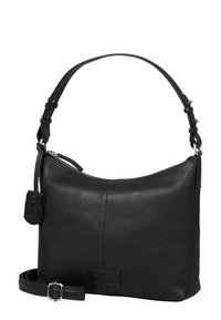 Borsa in pelle nera con parte superiore curva, tracolla regolabile, chiusura con zip e un piccolo cartellino attaccato. Superficie testurizzata e design minimalista.