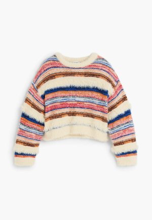 Puszysty krótki sweter z poziomymi paskami w kremowych, niebieskich, różowych, pomarańczowych i brązowych odcieniach, z długimi rękawami i okrągłym dekoltem.