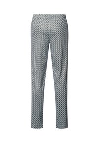 Patronen broek in lichtblauw met ruitvormen. Gemaakt van een gladde stof, met een rechte snit en een elastische tailleband.
