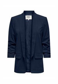 Mørkeblå blazer med reverskrave, åben front og to forlommer. Fremstillet af glat stof, med ærmer i tre kvarter og uden lukninger.
