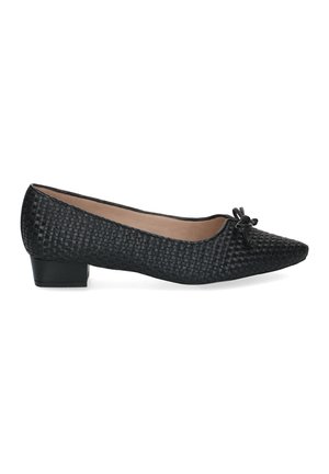 Black woven leather low-heel women's shoe with pointed toe and small decorative bow on front, side view on white background.