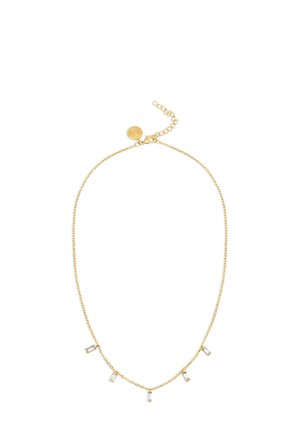 Collana in oro con cinque accenti rettangolari trasparenti, un design delicato con chiusura a moschettone e lunghezza della catena regolabile.
