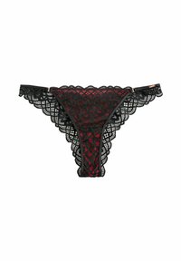 Black lace thong with scalloped edges, featuring a floral pattern and red accents in the center. Includes thin straps and a hook closure.