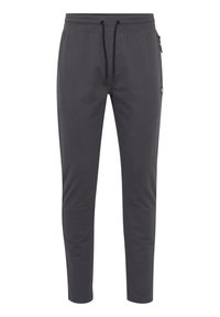 Grå, tapered joggebukser laget av mykt stoff, med elastisk midje og snøring, sidelommer og sydde detaljer.