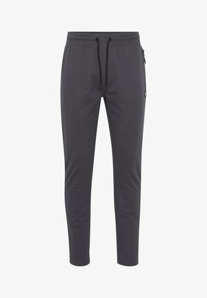 Grey tapered sweatpants made of soft fabric, featuring an elastic waistband with drawstring, side pockets, and stitched detailing.
