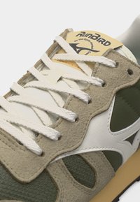 Κοντινό πλάνο πράσινου, μπεζ και λευκού αθλητικού παπουτσιού με λευκά κορδόνια και το λογότυπο "RunBird" στη γλώσσα.