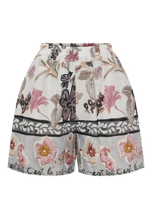 Shorts med høj talje og elastisk taljebånd med pink, lilla og beige blomsterprint og sort skrift langs bundkanten.