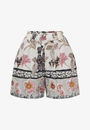 Shorts med høj talje og elastisk taljebånd med pink, lilla og beige blomsterprint og sort skrift langs bundkanten.