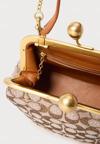 Brązowa siatkowa torebka z metalową, złotą ramą i zapięciem, wyposażona w jasnobrązową kieszeń wewnętrzną i łańcuszkowy pasek. Teksturowana powierzchnia z okrągłym wzorem.