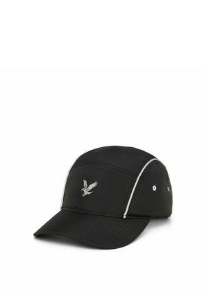 Zwarte sportpet met een gebogen klep, witte reflecterende bies, ventilatiegaatjes en een klein vogel-logo op het voorpaneel.