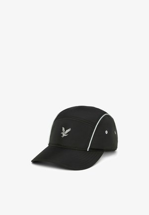 Schwarze Sportkappe mit gebogenem Schirm, weißem reflektierendem Paspel, Belüftungsösen und kleinem Vogel-Logo auf dem Frontpanel.