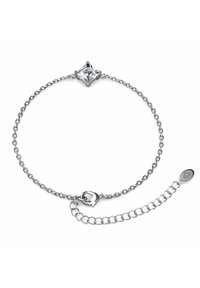 Bracciale in argento con catena, presenta un piccolo gemstone quadrato trasparente, dotato di chiusura e catena di estensione. Texture liscia, design minimalista.