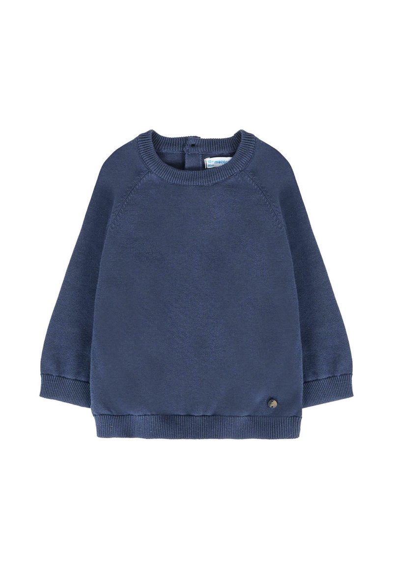 Felpa blu navy con collo rotondo, maniche raglan, polsini e orlo a costine. Presenta un piccolo logo metallico nella parte inferiore.