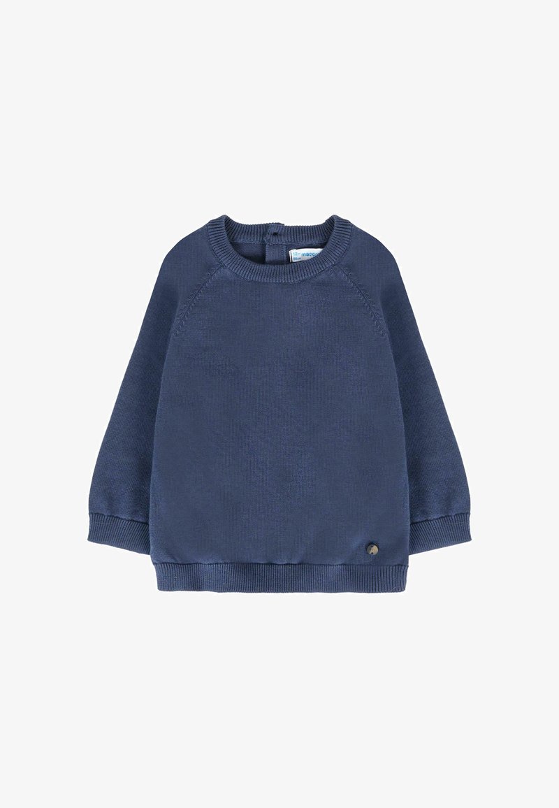 Felpa blu navy con collo rotondo, maniche raglan, polsini e orlo a costine. Presenta un piccolo logo metallico nella parte inferiore.