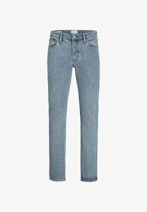 Světle modré denimové džíny s rovným střihem, pětikapesní konstrukcí a knoflíkovým zapínáním. Měkká textura s minimálním vyblednutím a žádnými viditelnými ozdobami.