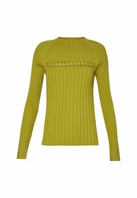 Pull côtelé à manches longues de couleur vert olive avec un détail tressé sur la poitrine et des accents de boutons en métal aux poignets.