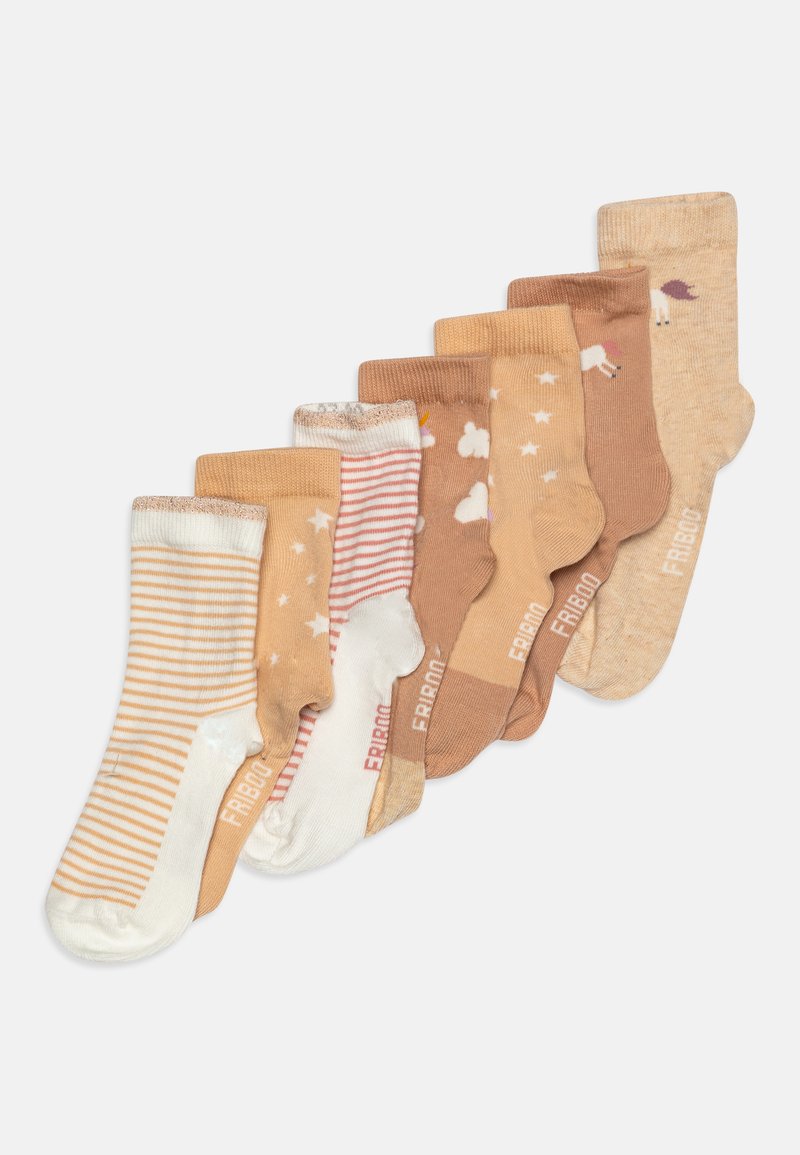 Sæt med otte par ankelstrømper i beige og tan nuancer, med striber og skymønstre. Forskellige teksturer og ribbede toppe inkluderet.