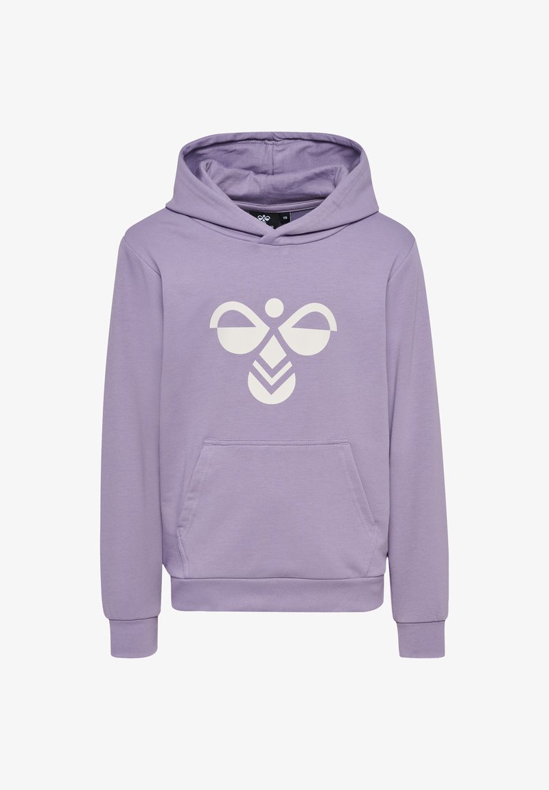 Hoodie violet avec une poche avant et un logo graphique blanc. Dispose d'une poche kangourou et de poignets côtelés. Fabriqué en un tissu doux semblable au coton.