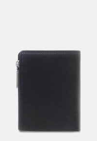 Portafoglio in pelle nera di forma rettangolare, con chiusura a zip e sottili dettagli di cuciture sui bordi. Texture liscia.