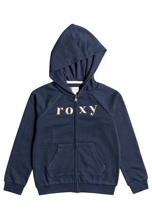 Sweat à capuche zippé bleu marine avec poches avant et le mot « roxy » imprimé en lettres beige clair sur la poitrine, doté d'une capuche et de poignets côtelés.