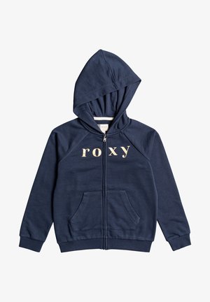 Sweat à capuche zippé bleu marine avec poches avant et le mot « roxy » imprimé en lettres beige clair sur la poitrine, doté d'une capuche et de poignets côtelés.