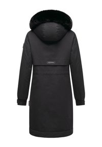 Black parka coat with a faux fur-lined hood, elastic cuffs, and adjustable waistband. Features a logo on the back and a smooth texture.