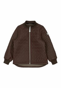 Rjava prešita jakna z visokim ovratnikom, zadrgo spredaj, mrežastimi manšetami in teksturiranim zigzag vzorcem. Ima logotip na rokavu.