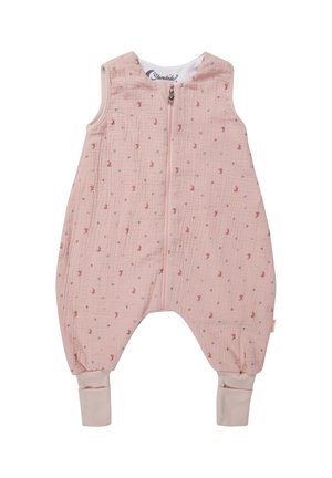 Rosa Musselin-Overall mit Reißverschluss vorne, gemustert mit kleinen Formen. Verfügt über gerippte Bündchen und ärmelloses Design. Weicher, strukturierter Stoff.