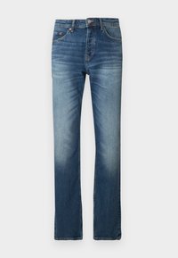 Μπλε τζιν παντελόνι με κανονική γραμμή. Διαθέτει ελαφριά φθορά, σχεδίαση με πέντε τσέπες και κουμπί κλεισίματος στη μέση.