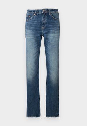 Jeans in denim blu con taglio dritto. Presentano un leggero sbiadimento, design a cinque tasche e chiusura con bottone in vita.