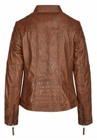 Braune Lederjacke mit tailliertem Design, strukturierten Einsätzen und Reißverschlussärmeln. Auffällige Nähte und Nahtdetails sorgen für visuelles Interesse.