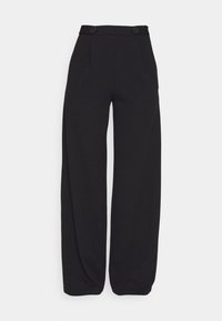 Svarta byxor i en strukturerad tygkvalitet, med hög midja, veck och två knappar fram för stängning. Bred ben-design.