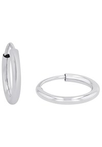 Orecchini a cerchio in argento con un design elegante e arrotondato, finitura lucida e meccanismo di chiusura aperto.