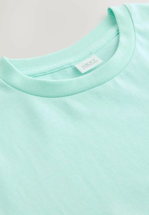 T-shirt en coton vert menthe clair avec un col rond. Texture lisse, design simple, avec une étiquette au niveau du cou.