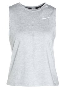 Top deportivo sin mangas gris hecho de tela ligera. Presenta un escote redondo y un pequeño logo blanco de Nike en el pecho.