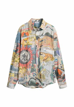 Chemise à manches longues boutonnée avec un imprimé collage coloré comprenant un tigre, un logo rayons de soleil, divers textes et des motifs abstraits.