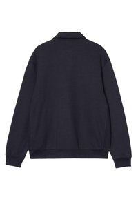 Sudadera de un oscuro tono navy con cuello, mangas largas y puños acanalados, de textura suave y sin logotipos ni patrones visibles.